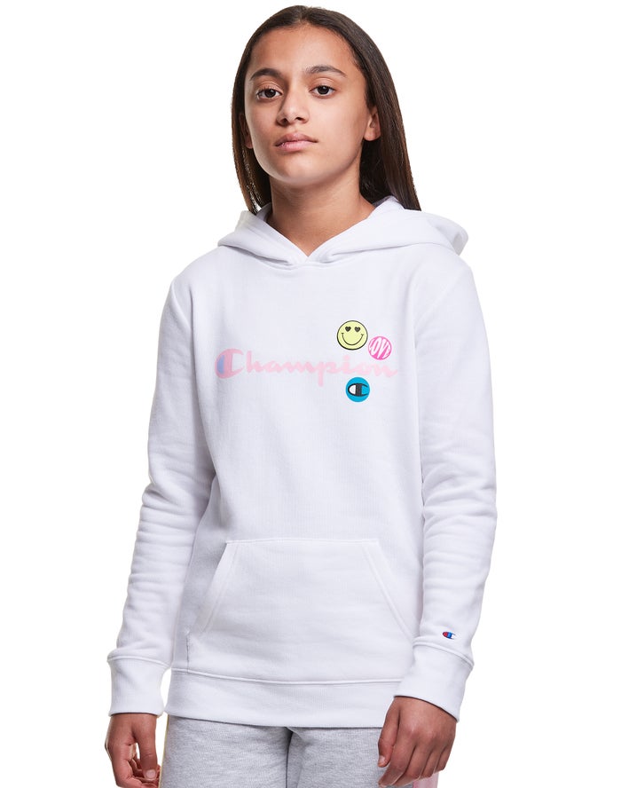 Champion Pige Hættetrøje Hvide - Fleece Smiley Face - Danmark PUM-865143